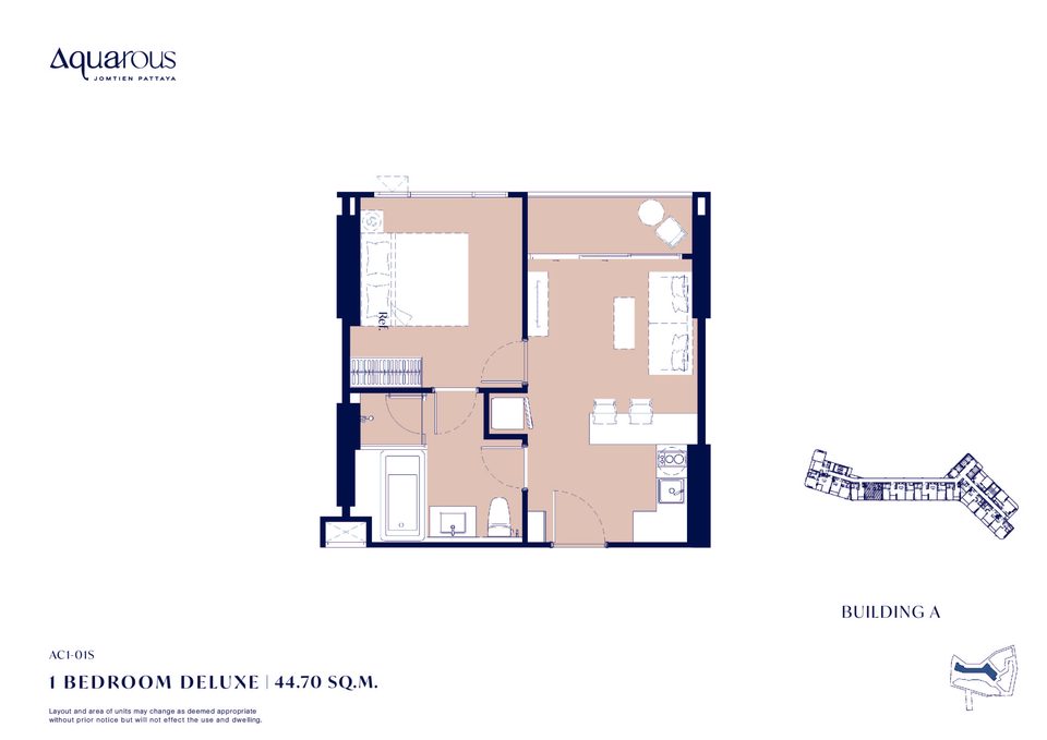 Aquarous Jomtien Pattaya official floor plan, unit AC1-01S, 1 Bedroom Deluxe, 44.70 sqm, Building A