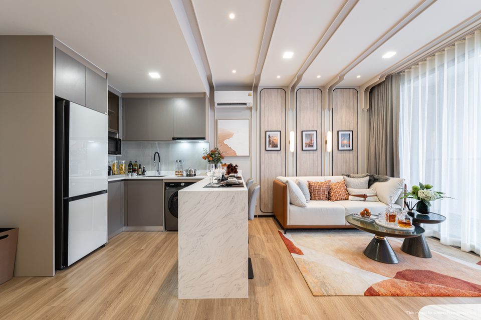 Aquarous Jomtien Pattaya 1-Bedroom Deluxe living and kitchen area, developer imagery