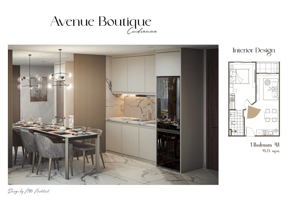 Avenue Boutique Condominium 1-Bedroom 4A interior render, dining and kitchen area, with floor plan, 41.75 sqm