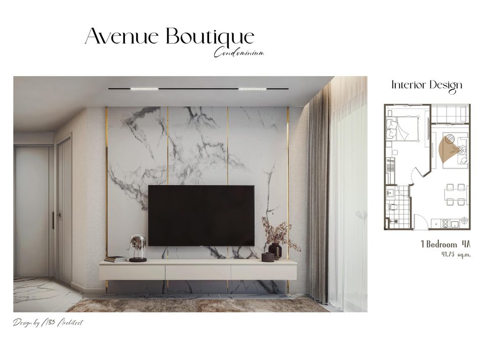 Avenue Boutique Condominium 1-Bedroom 4A interior render, living area TV wall, 41.75 sqm