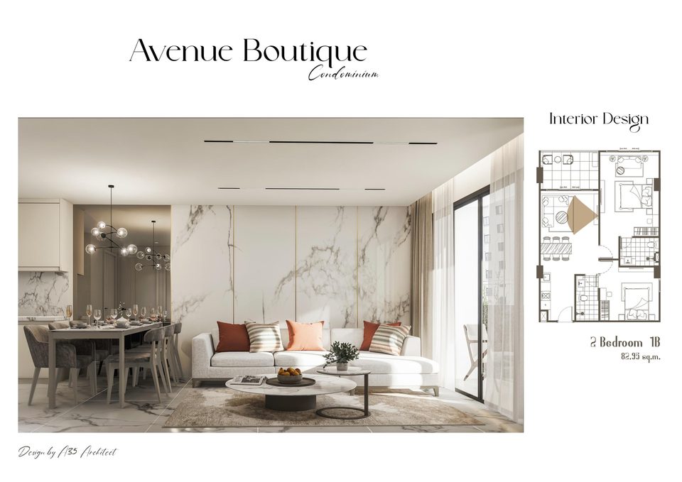 Avenue Boutique Condominium 2-Bedroom 1B interior render, second view, 82.95 sqm