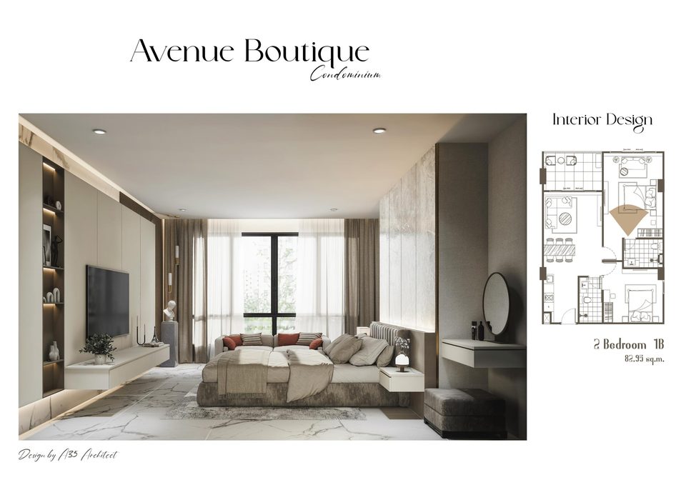 Avenue Boutique Condominium 2-Bedroom 1B interior render, master bedroom, with floor plan, 82.95 sqm