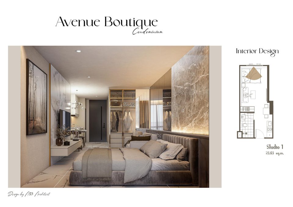 Avenue Boutique Condominium Studio 1 interior render, second view, 25.65 sqm