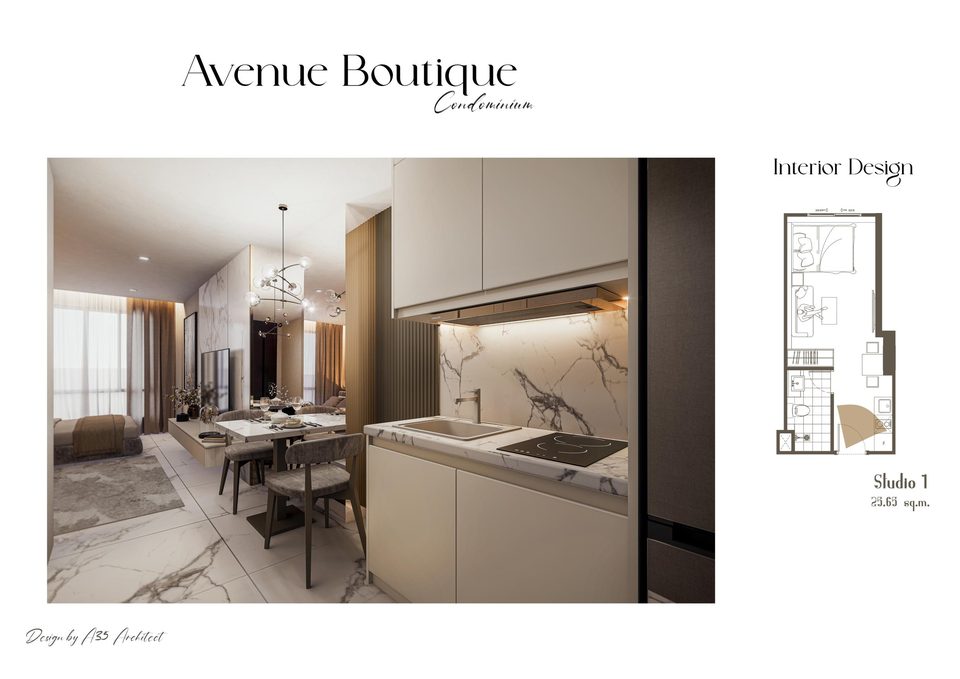 Avenue Boutique Condominium Studio 1 interior render, dining and kitchen area, with floor plan, 25.65 sqm