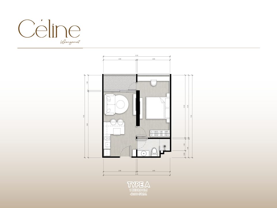 Celine Wongamat official floor plan, Type A, 1 Bedroom, 40.00 sqm