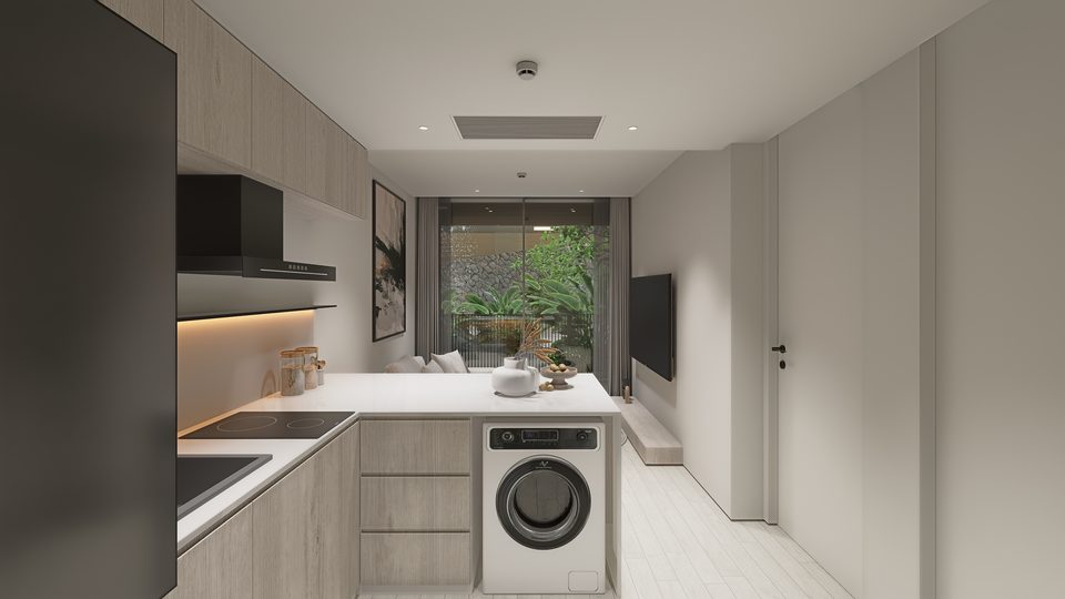 Celine Wongamat 1-Bedroom Type A interior render, kitchen and living area with washing machine, 40 sqm