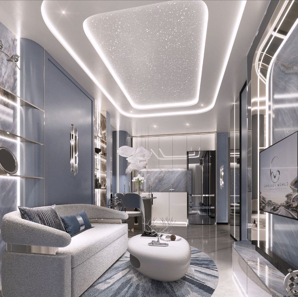 Embassy World Pattaya 1-bedroom condo living room render with TV unit, Jomtien